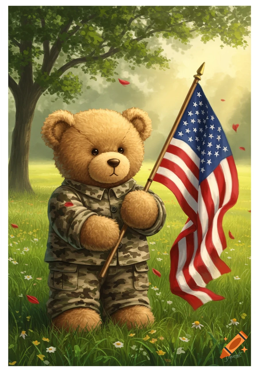 A cute teddy bear in a camouflage uniform holds an American flag in a sunny, grassy field with a tree.