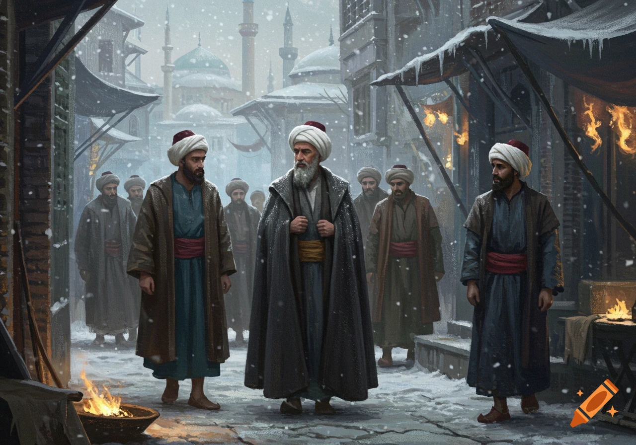 A group of men in traditional Middle Eastern attire walk through a snowy old city street with domed buildings and minarets in the background.