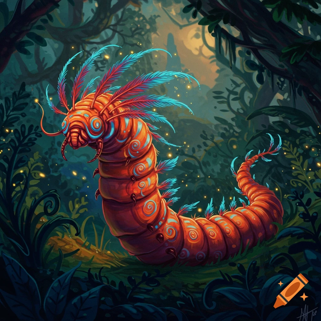 A vibrant, colorful worm-like alebrije creature with red and blue feathery appendages and glowing patterns, in a magical forest.