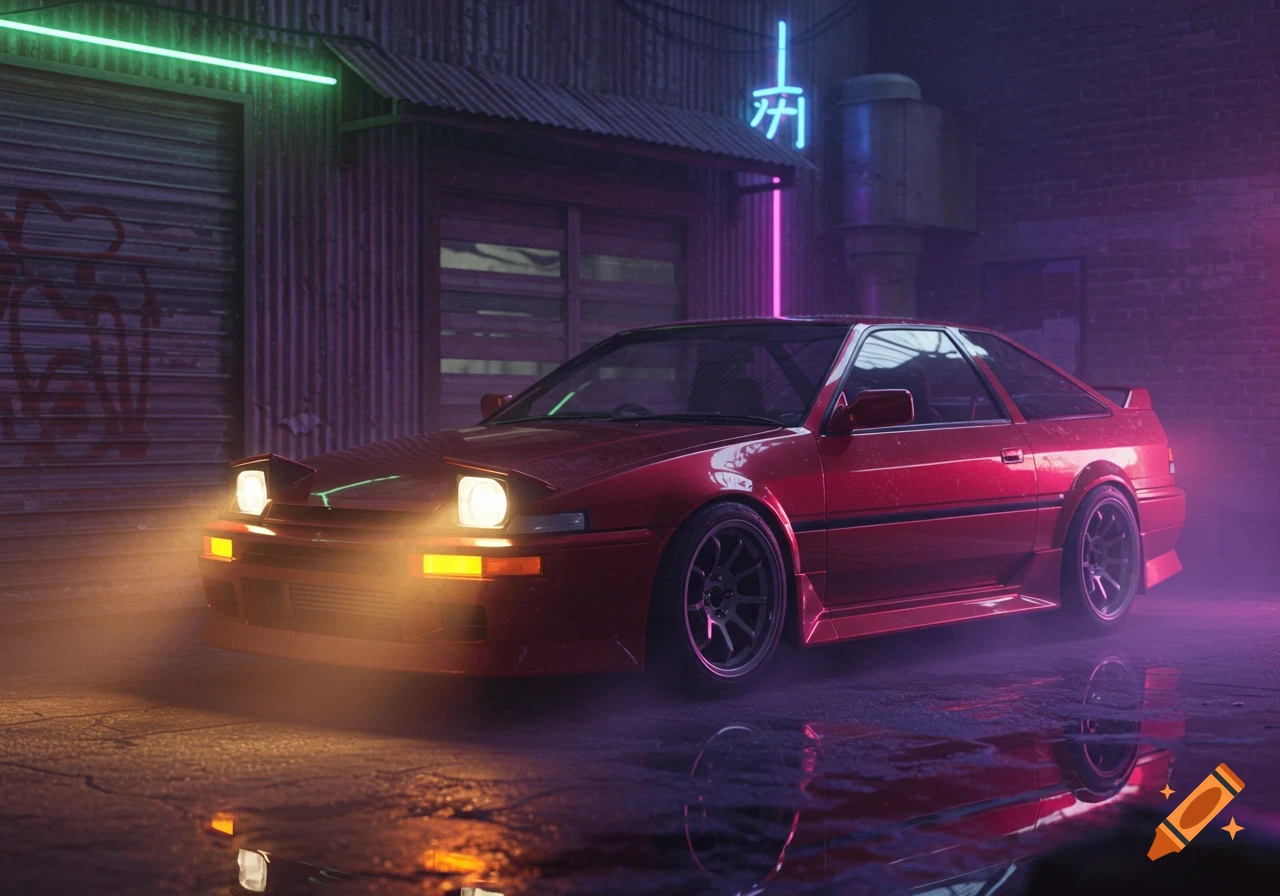 Red Japanese sports car parked in a neon-lit urban alley at night, with glowing headlights and wet ground reflections.