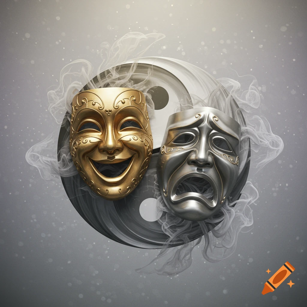 A golden comedy mask and a silver tragedy mask overlap a grayscale Yin-Yang symbol, surrounded by wispy smoke on a light gray background.