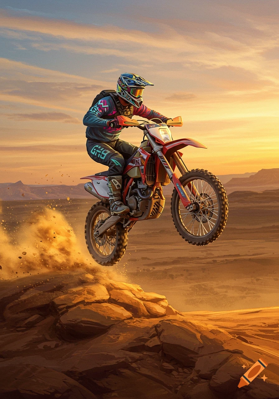 A dirt biker jumps over rocky terrain in a desert at sunset, kicking up dust.
