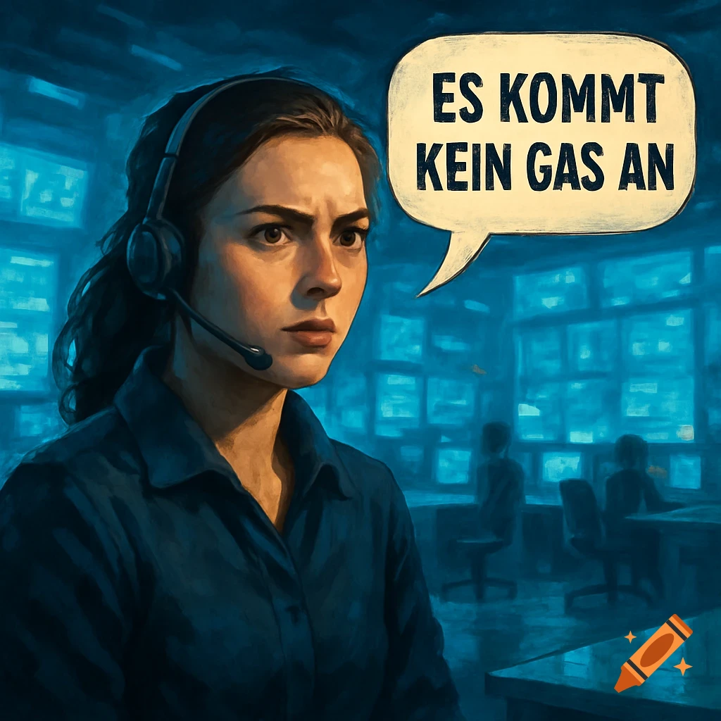 A worried woman with a headset in a blue-lit control room, a speech bubble reads 'Es kommt kein Gas an'.