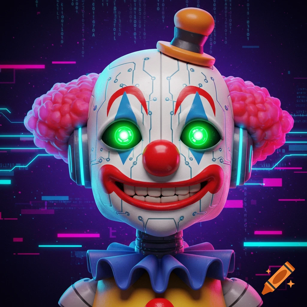 Vibrant cartoon AI robot clown with glowing green eyes, circuit patterns, red nose, and pink curly hair against a neon tech background.