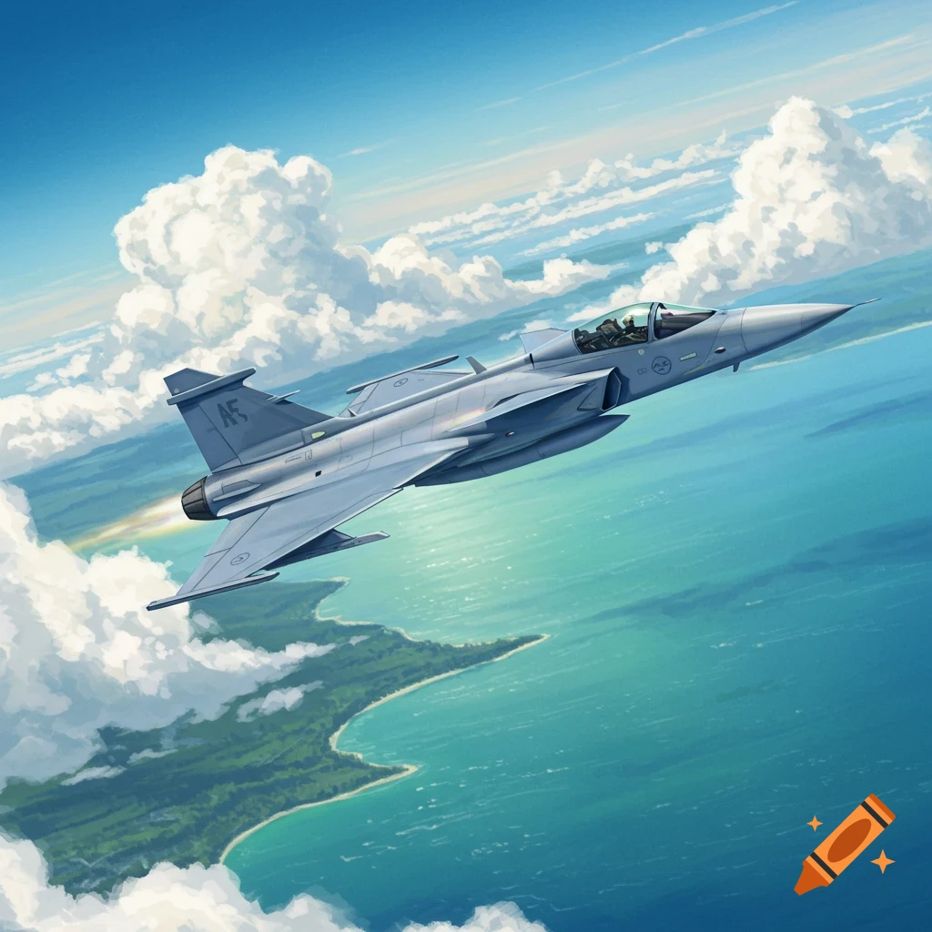 A grey fighter jet soars through a blue sky with white clouds above a green coastline and turquoise ocean.