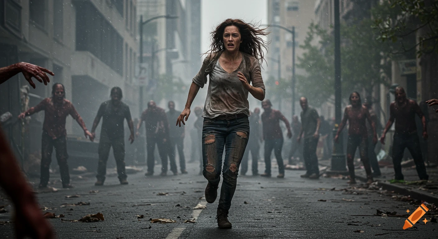 A photorealistic image of a woman frantically running down a rainy city street, fleeing hordes of blurry zombies.