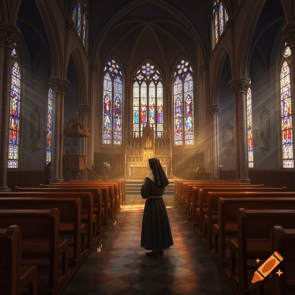 A nun stands in a grand church aisle, bathed in sunlight streaming through colorful stained glass windows, a detailed altar at the front.