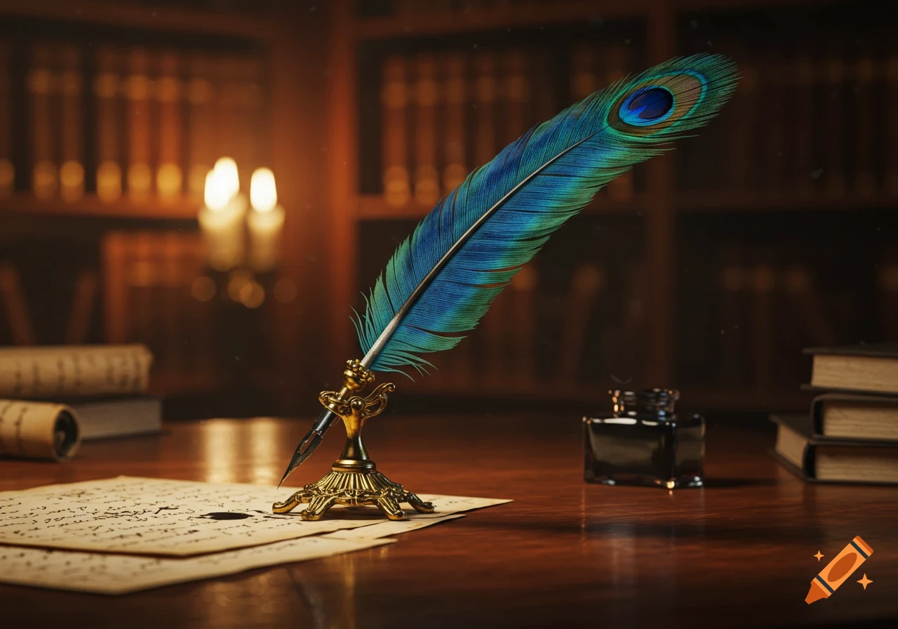 A vibrant peacock feather quill pen stands in an ornate gold holder on a wooden desk, next to an inkwell and paper, in a dimly lit library.