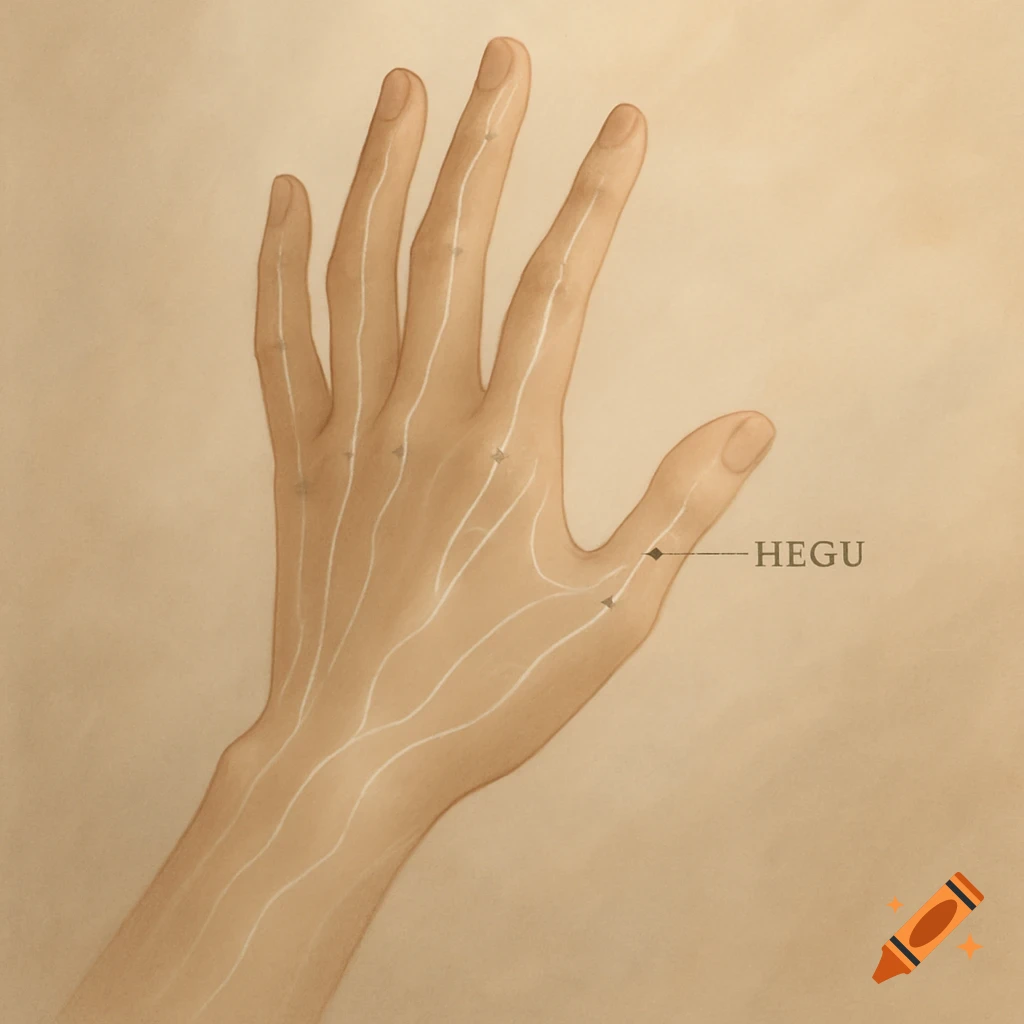 An anatomical illustration of a human hand showing acupuncture meridians and the 'HEGU' point labeled.