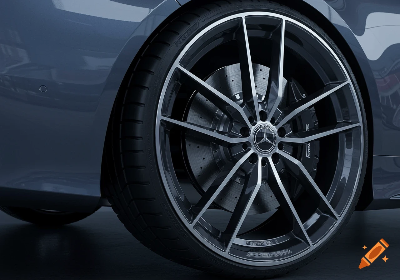 Close-up photorealistic shot of a shiny grey car's detailed wheel and tire, featuring a Mercedes-Benz logo.