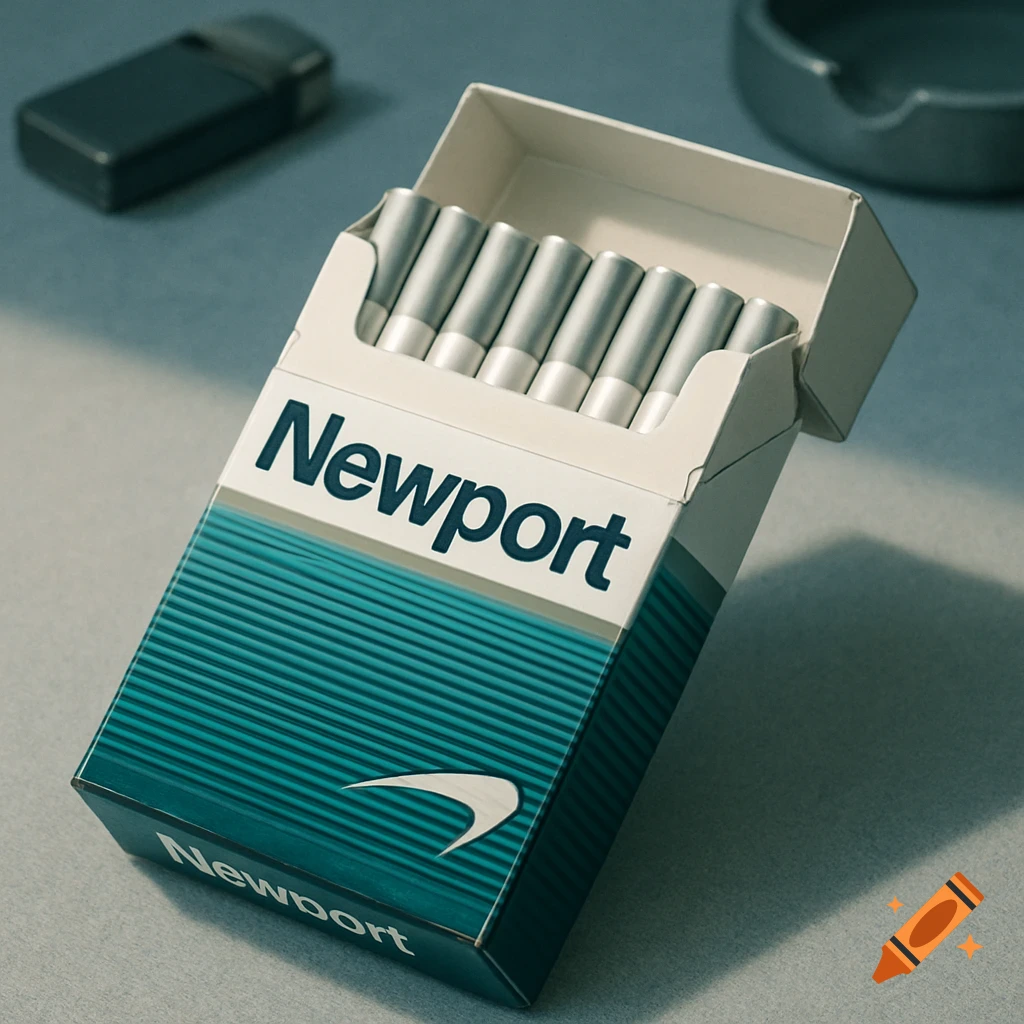 A photorealistic open pack of Newport cigarettes with silver-wrapped filters, a lighter, and ashtray in the background. on Craiyon A photorealistic open pack of Newport cigarettes with silver-wrapped filters, a lighter, and ashtray in the background. on Craiyon
