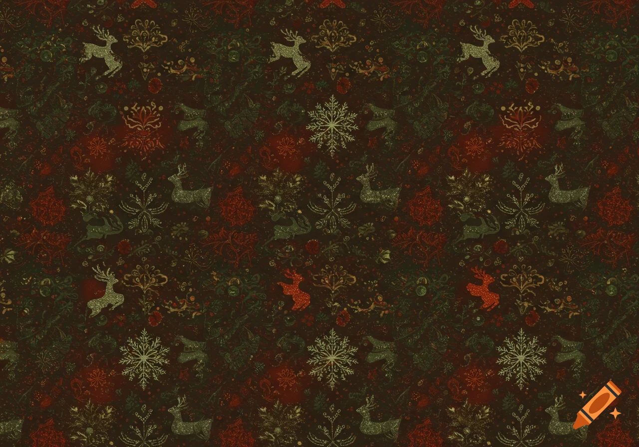 A decorative Christmas holiday pattern featuring glittery reindeer and snowflakes in dark red, green, and gold on a dark background.