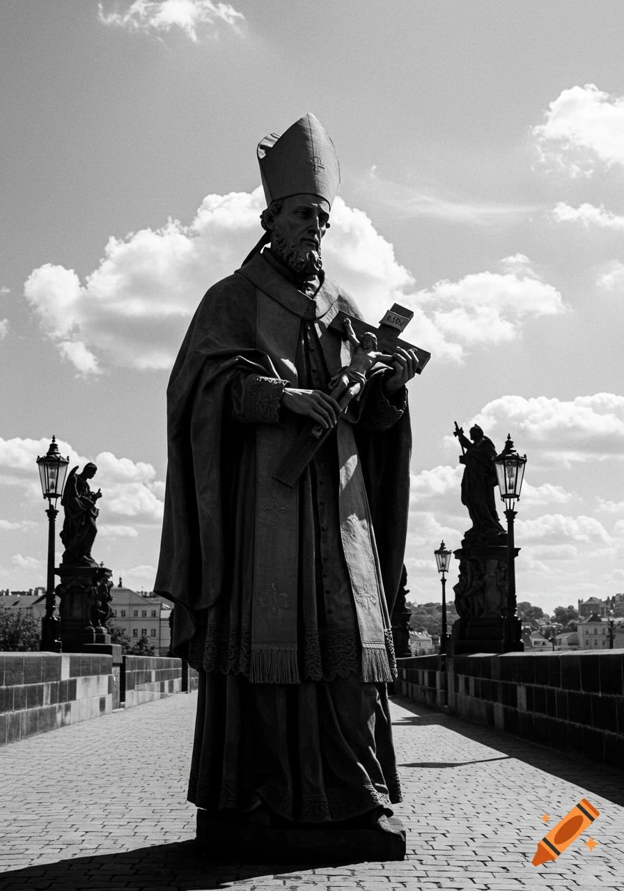 Black and white photo of a grand saint statue holding a crucifix on a bridge with clouds in the sky.