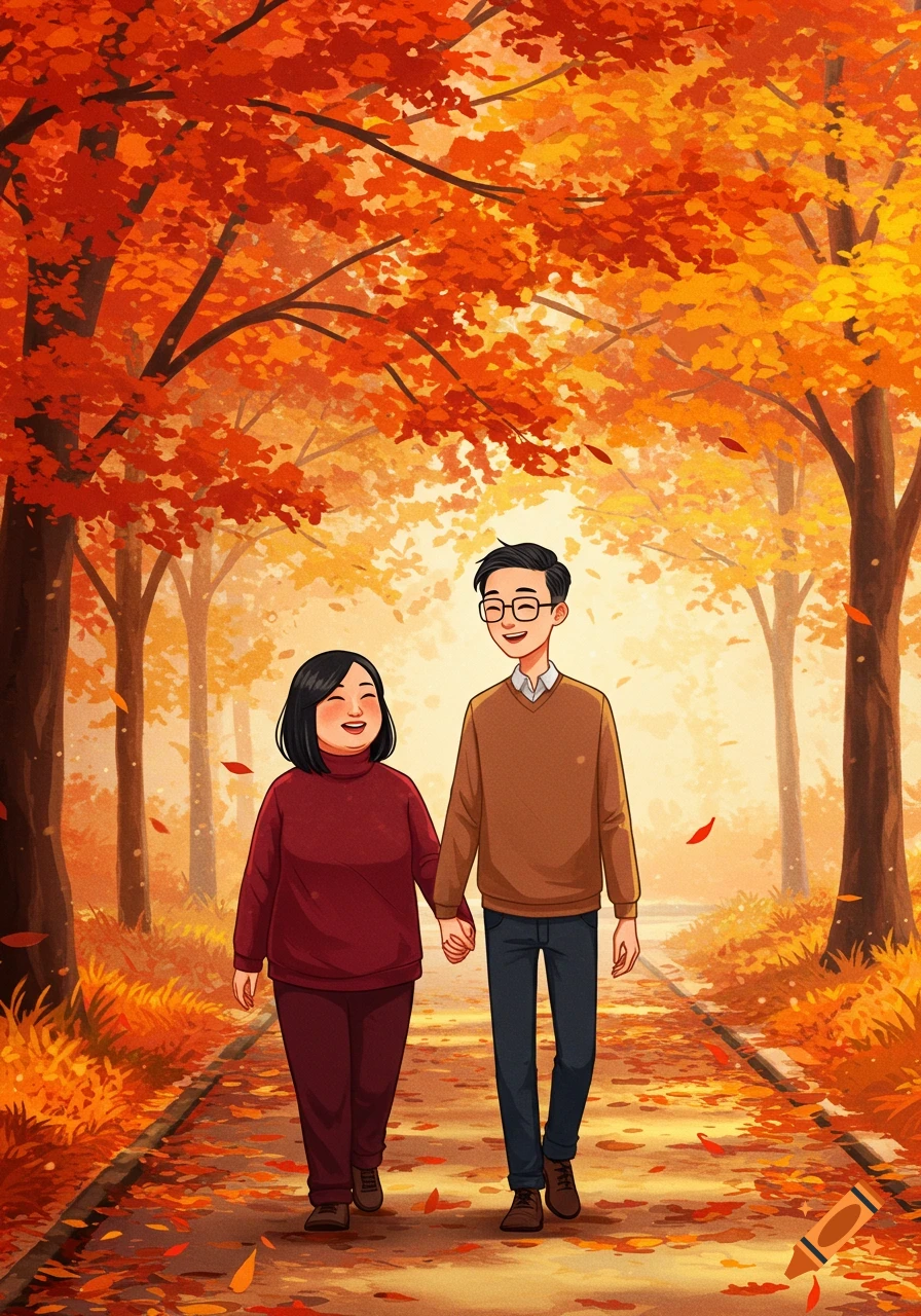 A cartoon illustration of a middle-aged Chinese couple, a woman and a man with glasses, holding hands and smiling as they walk through a vibrant autumn park with red and orange trees.
