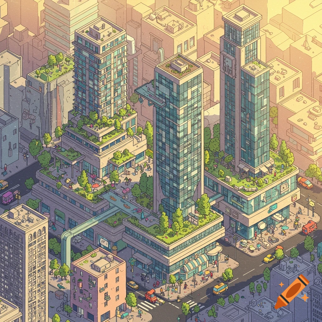 An isometric illustration of a vibrant city with numerous buildings, green rooftops, bustling streets with cars and tiny people under a warm sunset glow.