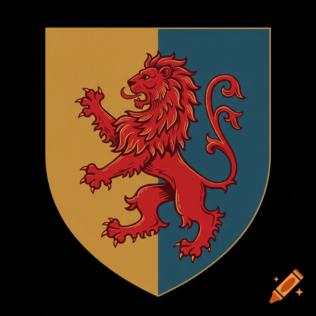A red stylized lion rampant on a shield split gold and teal.