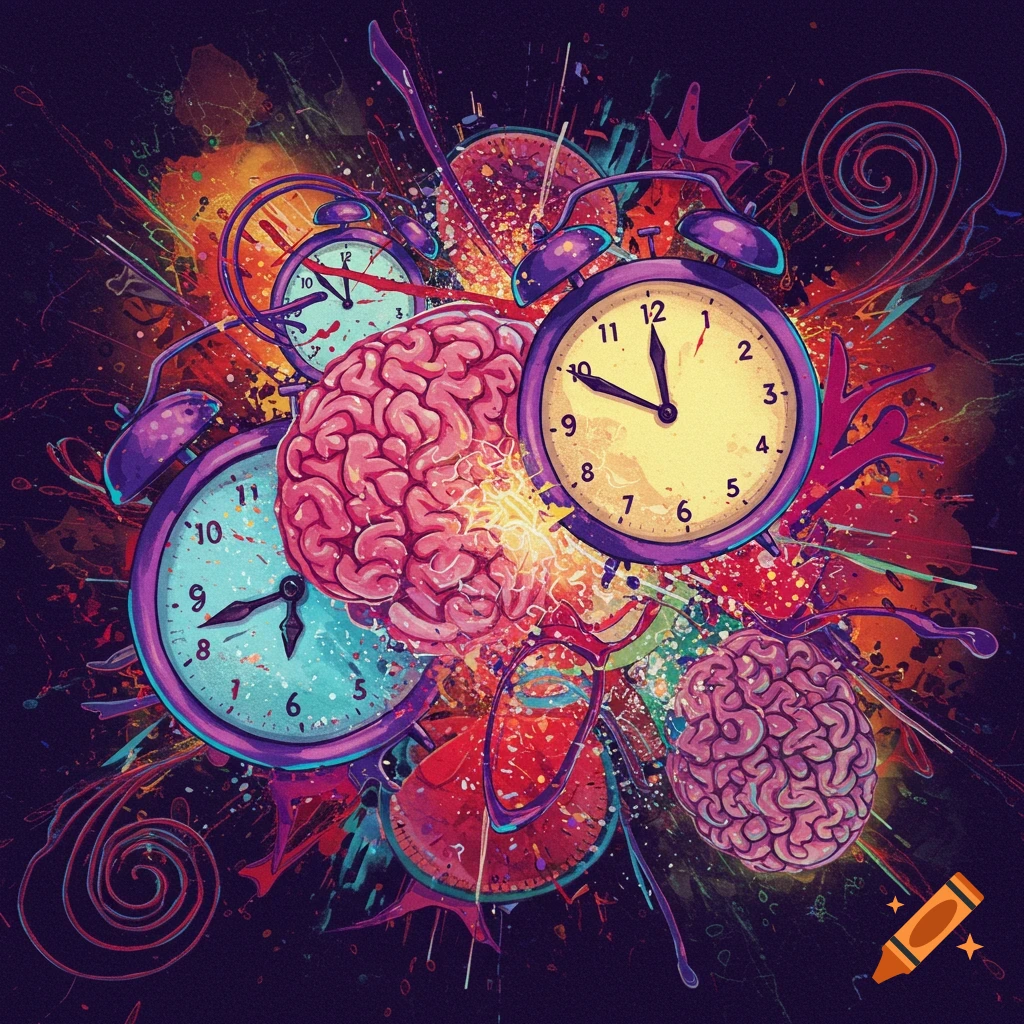 Colorful, abstract illustration of brains and alarm clocks amidst vibrant splatters and swirls on a dark background.