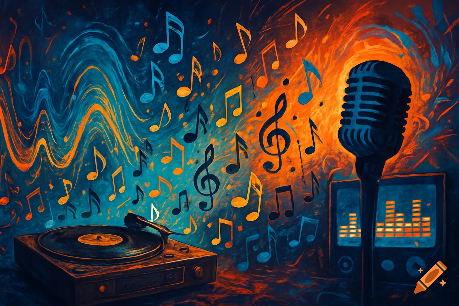 A vibrant abstract art piece featuring a microphone, turntable, and equalizer surrounded by floating musical notes in blue and orange swirls.