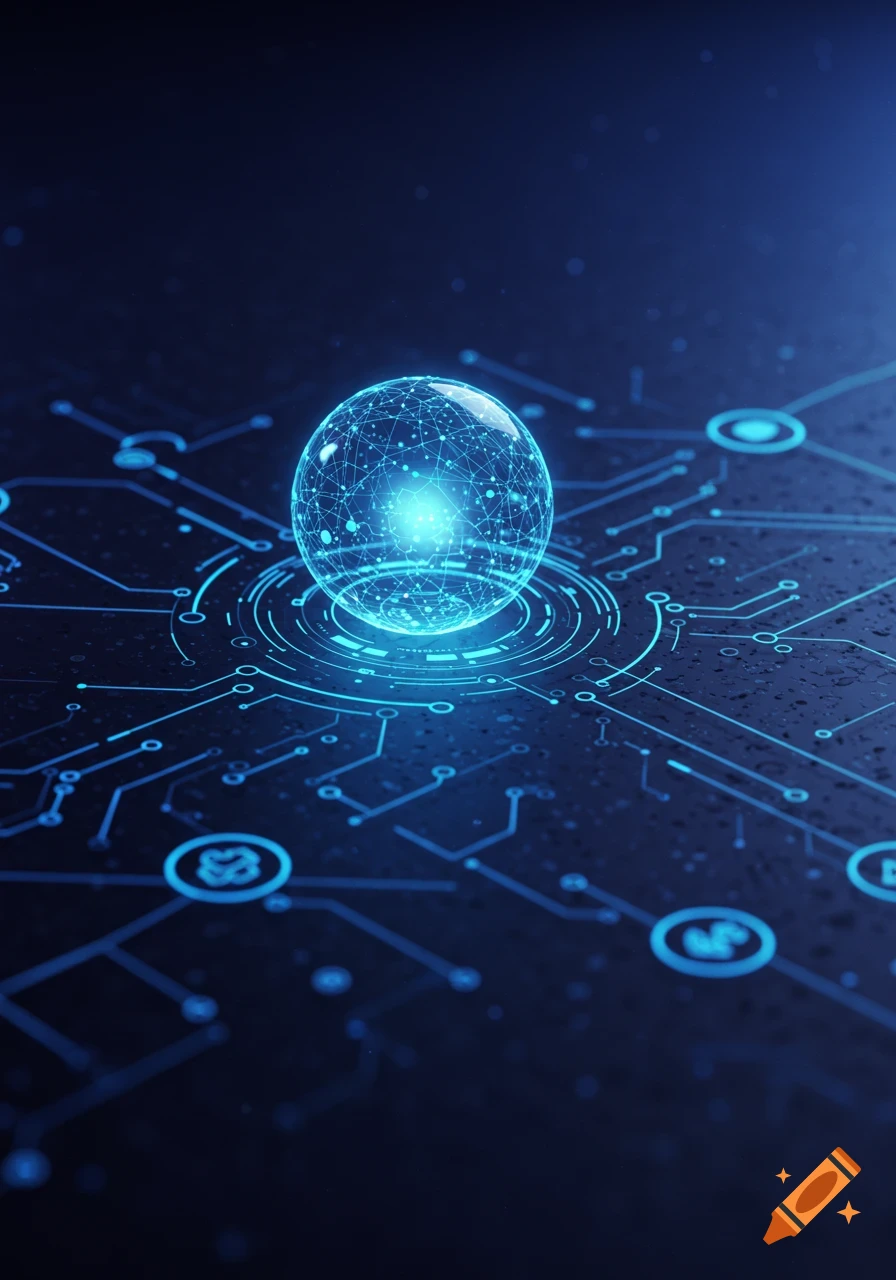 A glowing blue network sphere hovers above intricate circuit board patterns in a dark, futuristic setting.