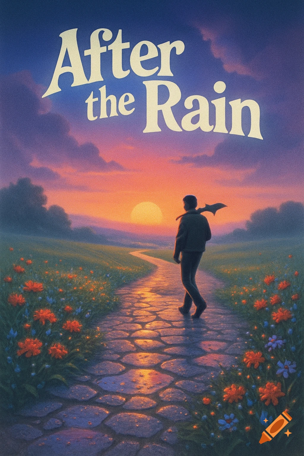 Album cover for 'After the Rain' showing a man walking on a winding stone path through a field of flowers at sunset.