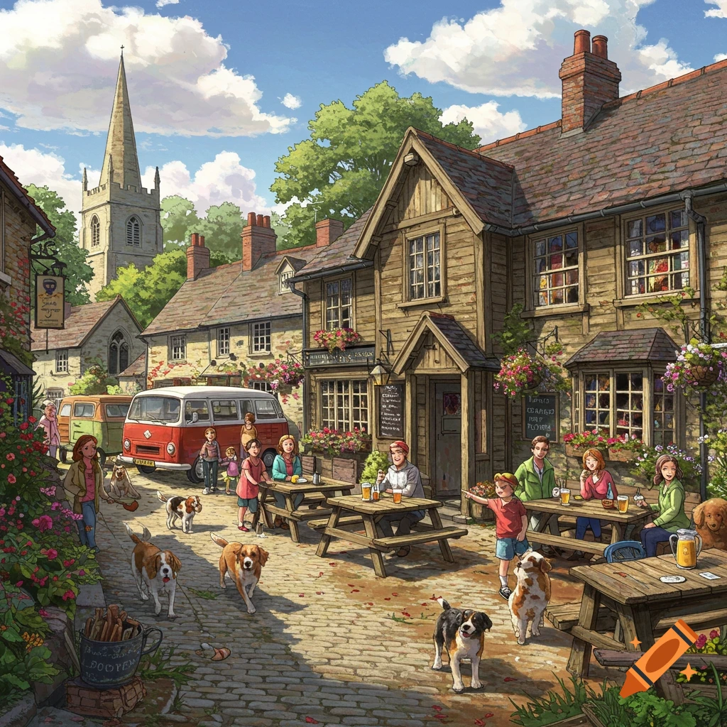 An illustrated bustling village scene with people and dogs outside a pub, with vans and a church in the background.