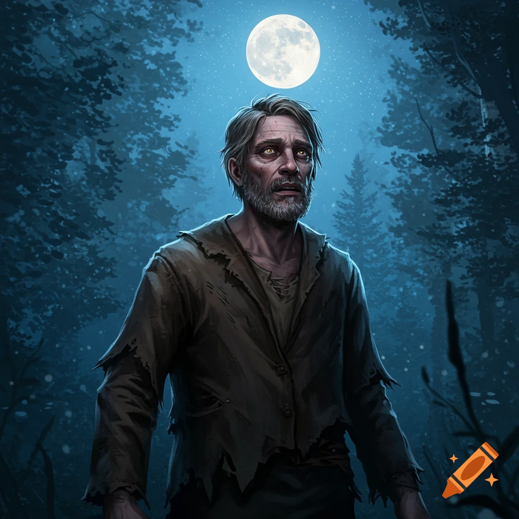 A worried, haggard man with discolored eyes and ragged clothes stands in a dark, snowy forest under a bright full moon.