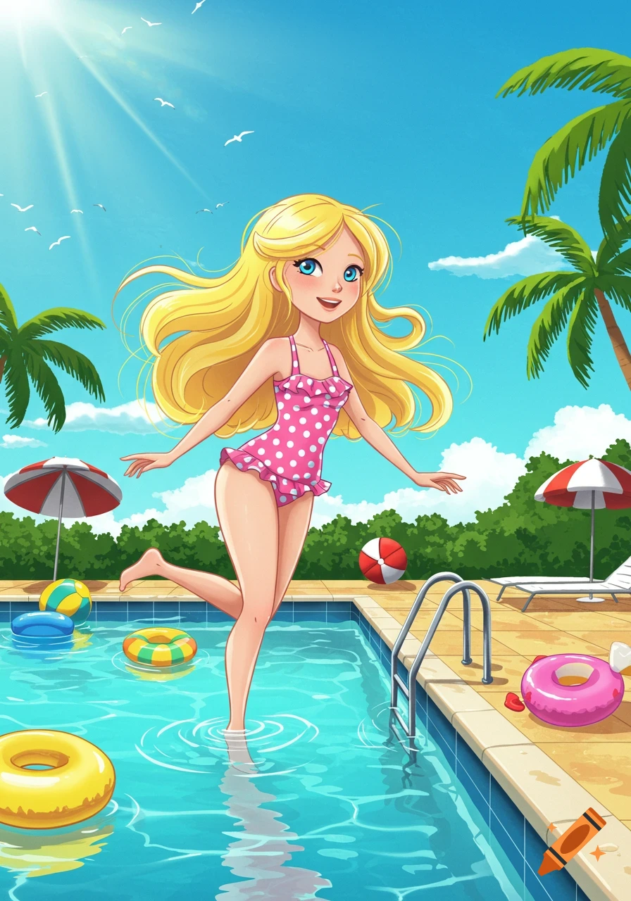 Cartoon blond girl in a pink polka dot swimsuit steps into a blue swimming pool with palm trees under a sunny sky.