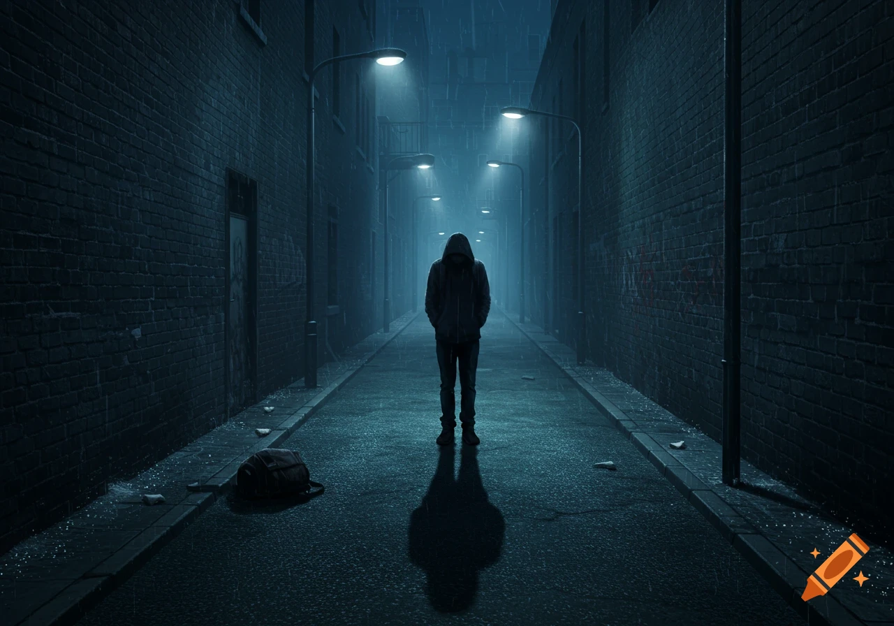 A solitary person in a dark hoodie stands in the middle of a rainy, misty alley illuminated by streetlights, with brick walls on either side.