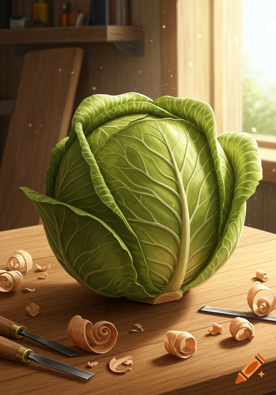 A large, vibrant green cabbage sits on a wooden workbench amidst scattered wood shavings and chisels. Sunlight streams in from a window on the right.