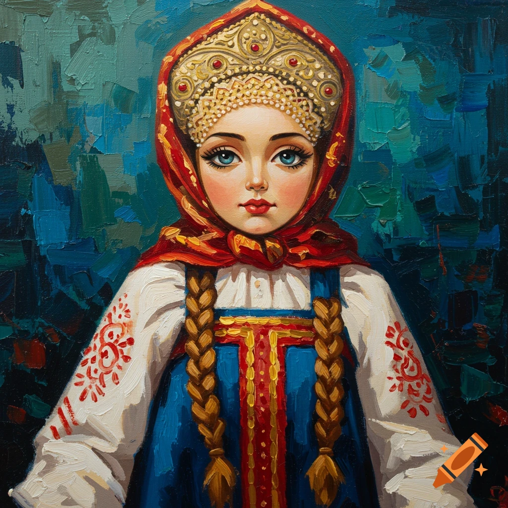 Stylized oil painting of a young woman in traditional Russian costume with a kokoshnik and braids, against an abstract blue background.