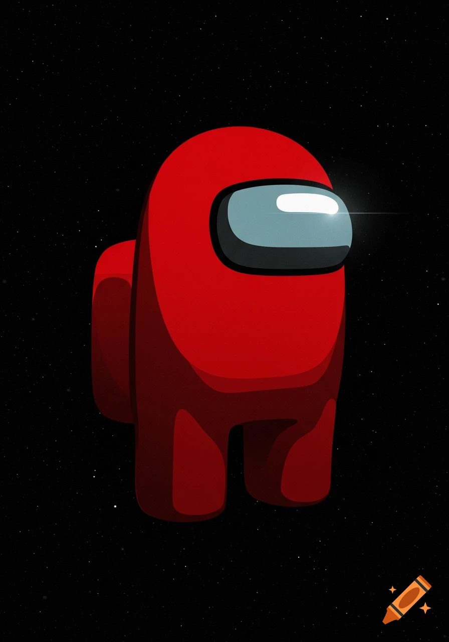 A red Among Us character stands against a black starry background, with a bright white reflection on its visor.
