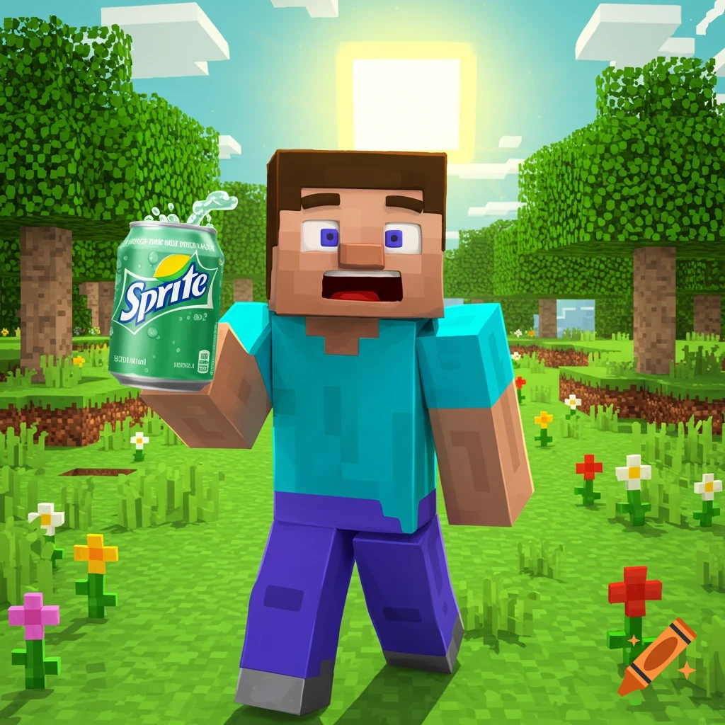 Minecraft Steve holds a Sprite can with fizzing bubbles in a sunny, blocky landscape.