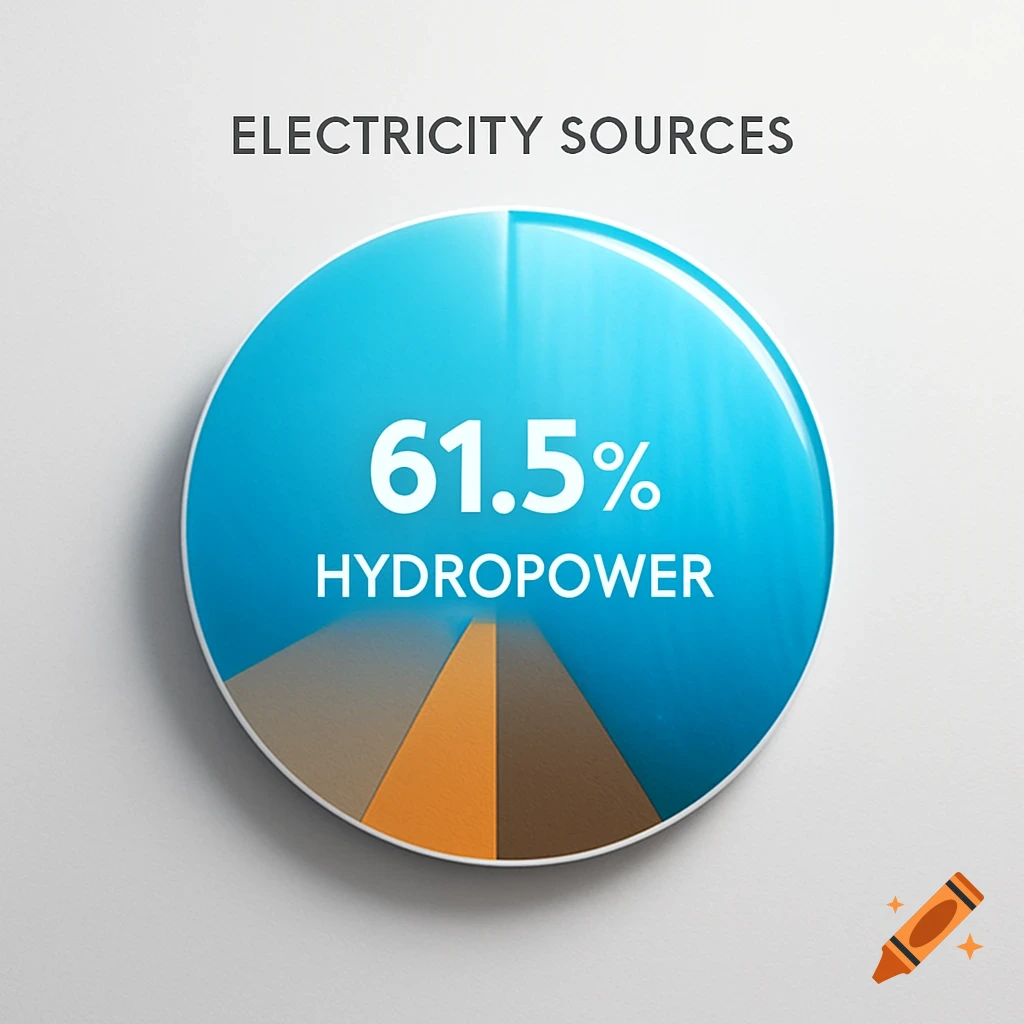 A 3D pie chart titled 'ELECTRICITY SOURCES' with 61.5% labeled as 'HYDROPOWER' in a vibrant blue section, alongside smaller grey and brown segments.