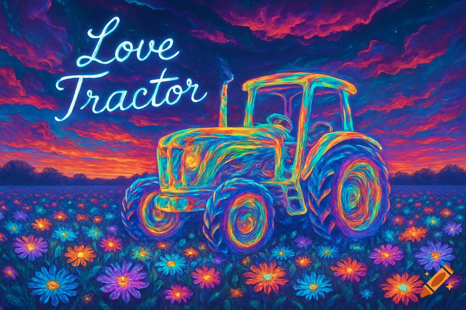 A psychedelic, colorful tractor made of swirling rainbow light in a field of glowing flowers under a vibrant sunset sky, with neon text 'Love Tractor'.