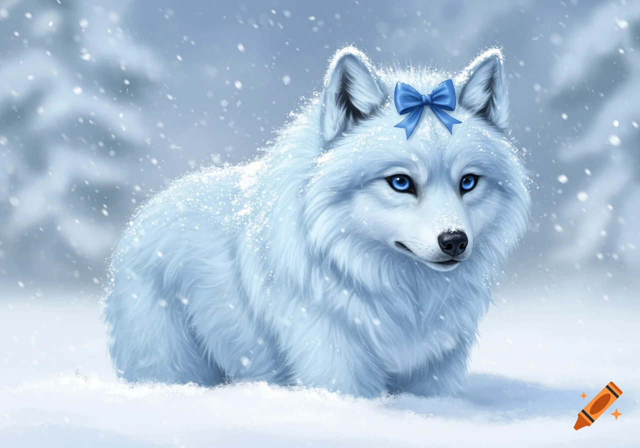 A fluffy white wolf with blue eyes and a blue bow on its head, covered in snow, in a winter forest scene.