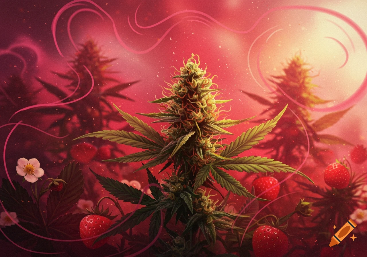 Vibrant digital painting of a cannabis plant with red strawberries and pink light trails against a stylized red background.