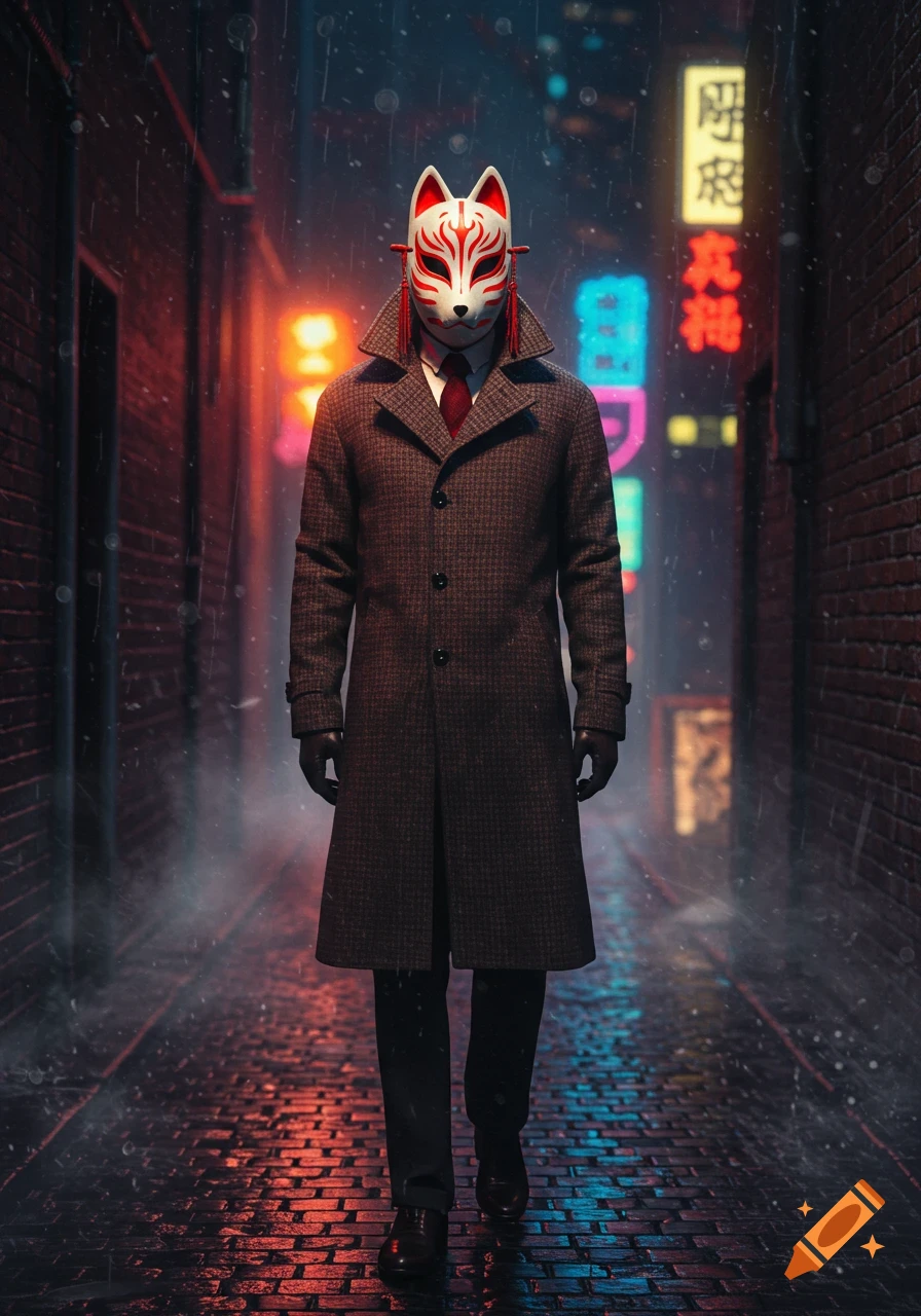 A tall man in a brown trench coat and a red and white kitsune mask stands in a rainy, neon-lit alley at night.