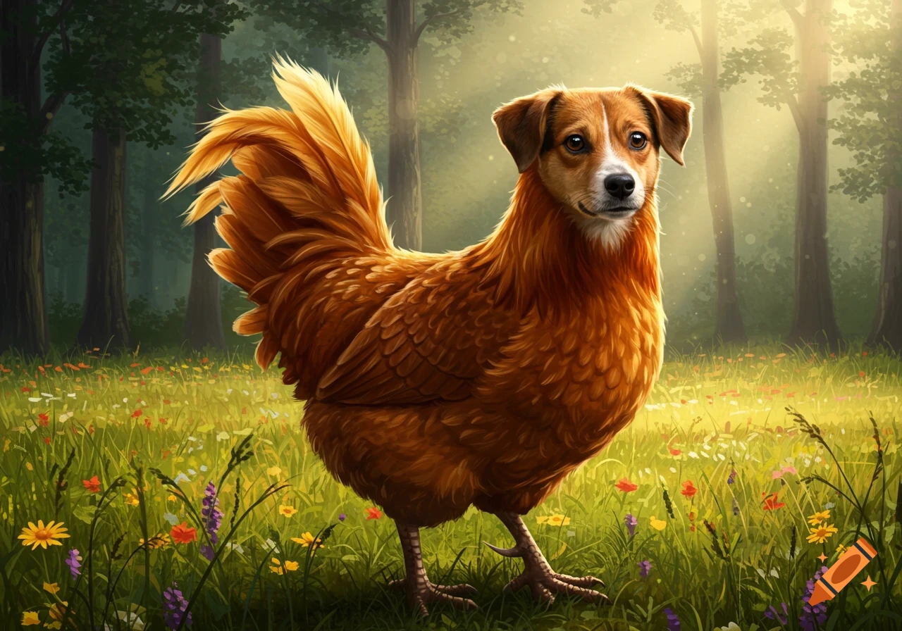 A whimsical creature with a dog's head and a chicken's body stands in a sunlit meadow filled with colorful wildflowers, with a forest in the background.