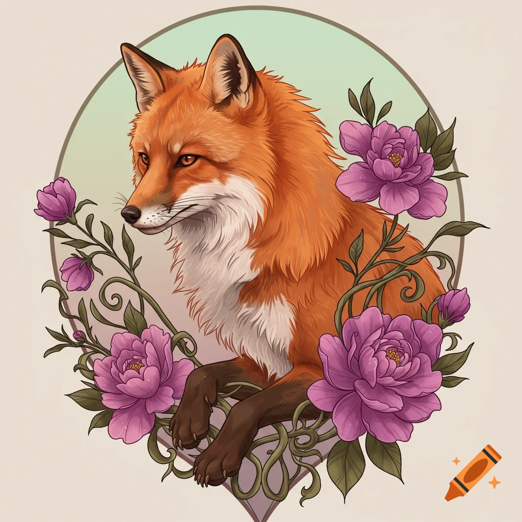 A red fox portrait looking left, surrounded by purple peonies and green vines within a circular frame, in a stylized tattoo art illustration.