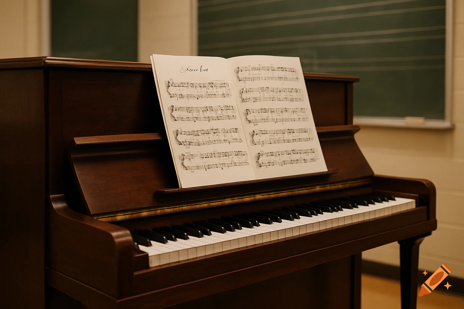 A dark wooden upright piano with open sheet music on its stand, set in a classroom with a chalkboard in the background.