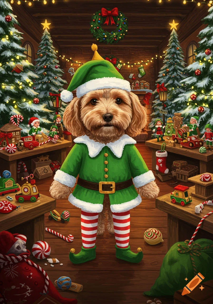 A cute cockapoo dog dressed as an elf stands in a festive toy workshop with Christmas trees and elf figures.