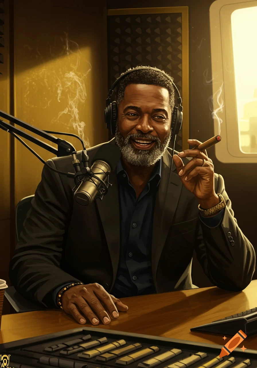 A smiling Black man with a salt and pepper beard and headphones holds a lit cigar, sitting at a microphone in a golden-lit podcast studio.