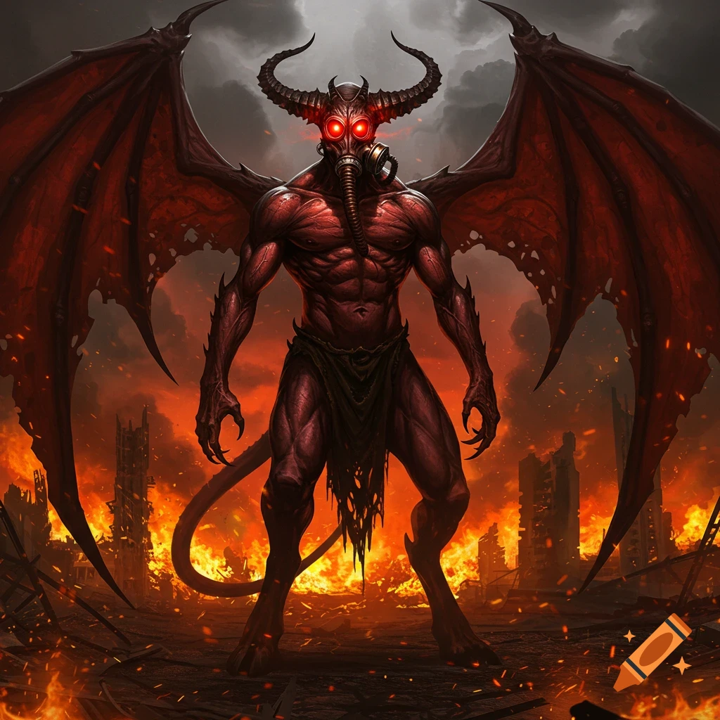 A muscular red demon with large bat wings and horns, wearing a gas mask with glowing red eyes, stands in a fiery, ruined city under a stormy sky.