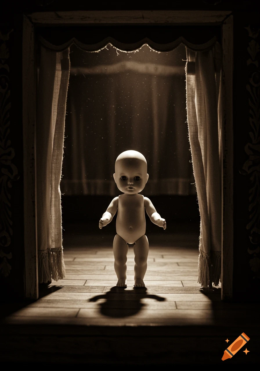 A creepy, lifelike baby doll stands center stage in a dimly lit, vintage puppet theater, casting a long shadow.