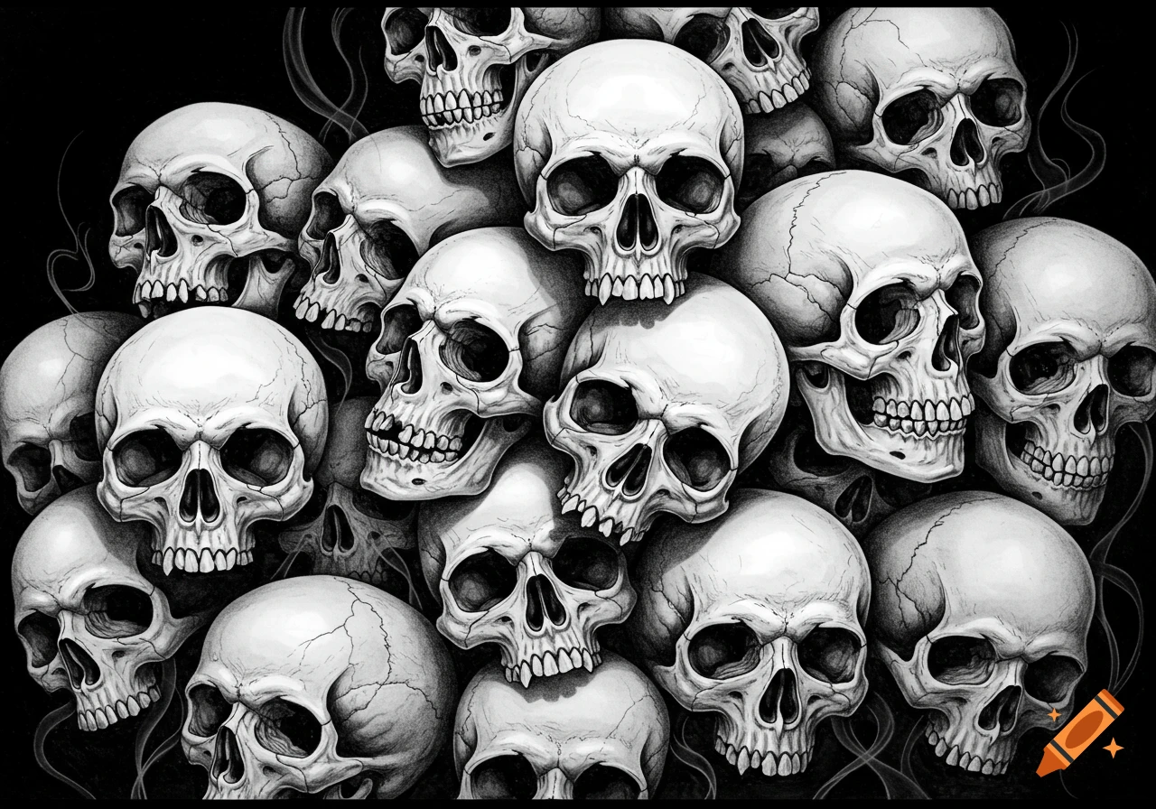 A black and white drawing depicting a large pile of human skulls.