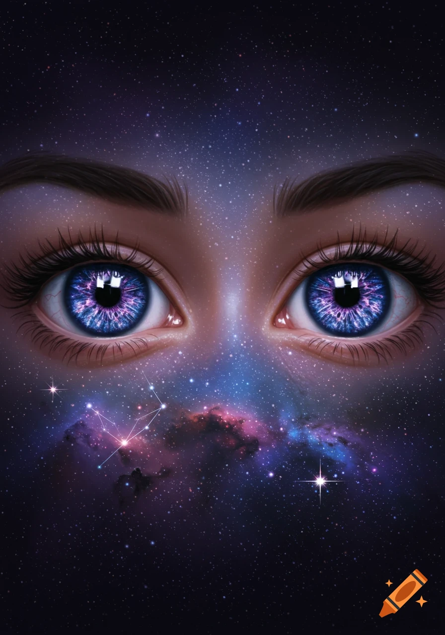 Close-up of human eyes with cosmic blue and purple irises and starry skin, blending into a background of nebulae and stars.