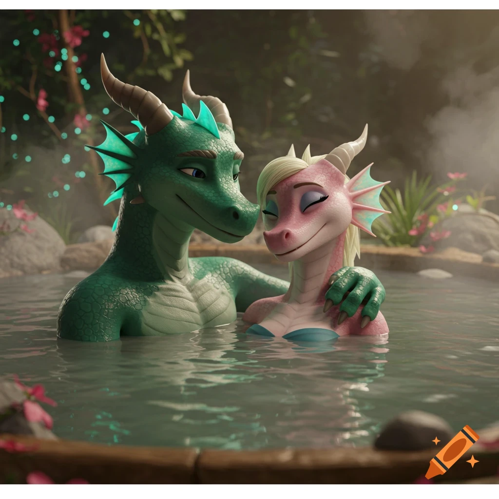 A green male and a pink female anthropomorphic dragon couple embrace lovingly in a steaming hot tub, surrounded by lush plants.