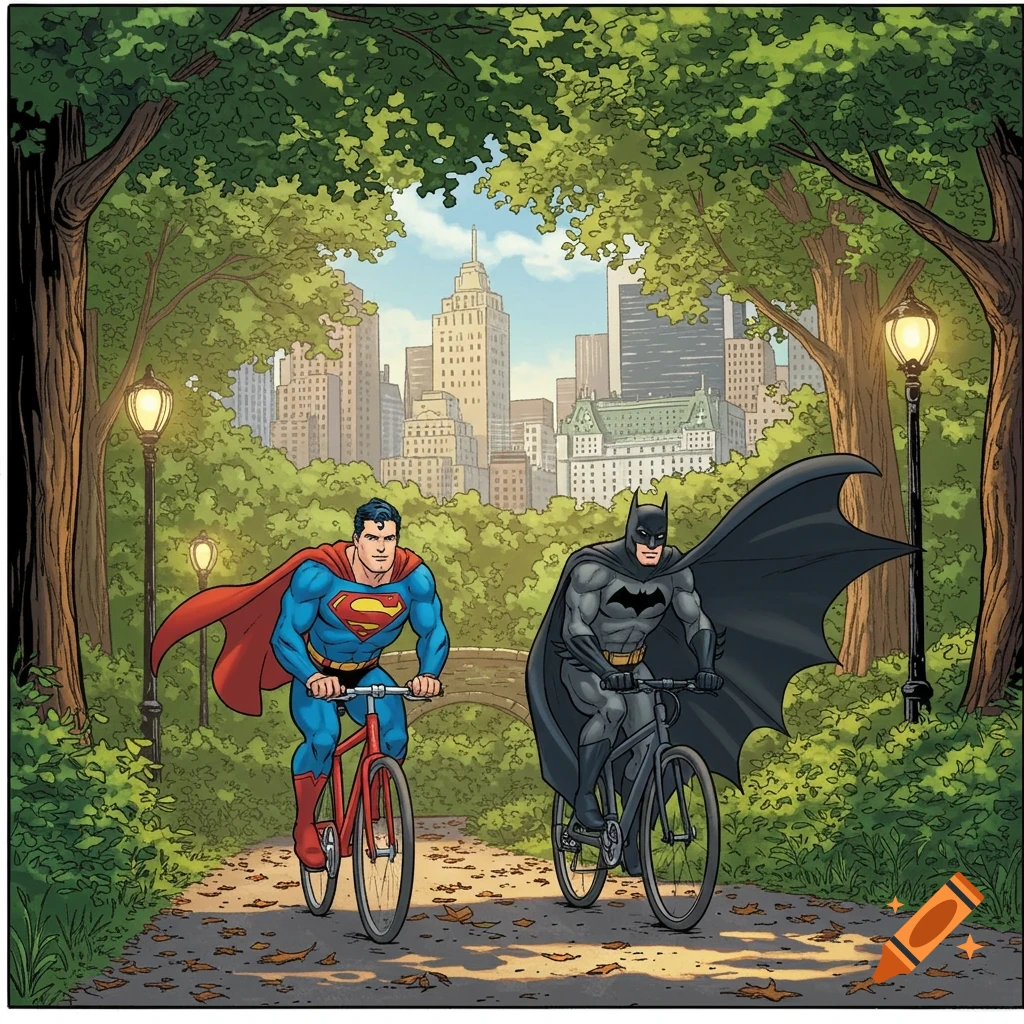 Comic book style illustration of Superman and Batman riding bicycles through a park with a city skyline in the background.