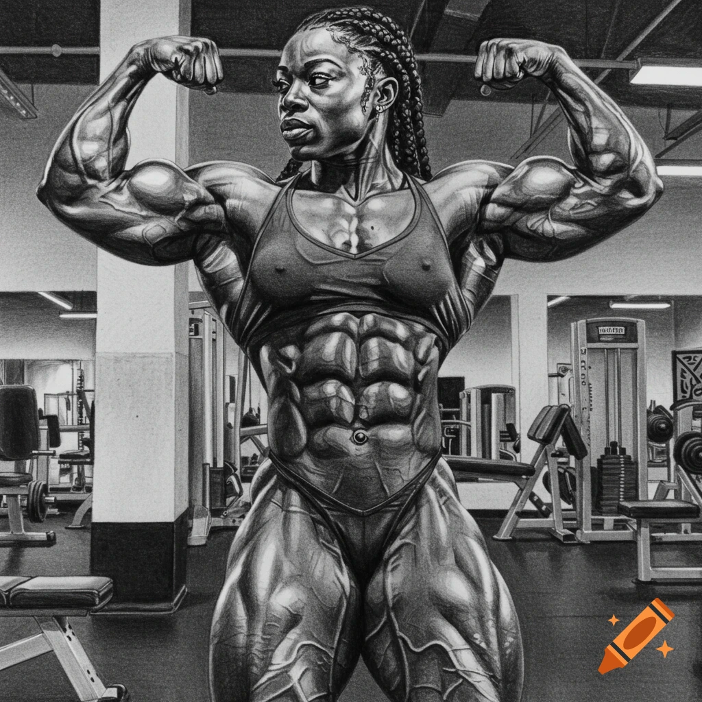 Pencil drawing of a muscular black female bodybuilder flexing her biceps in a gym.