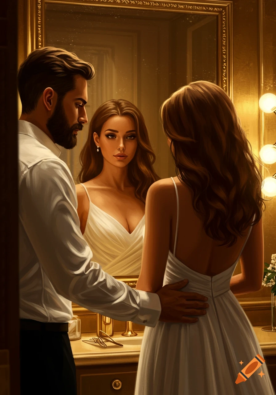 Hyperrealistic digital painting of a man embracing a woman in a white dress, as they look at their reflection in a mirror in a luxurious, warm-lit room.